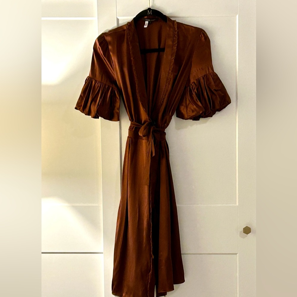 BCBG MAXAZRIA  wrap around dress 100% silk in color chestnut Size Small